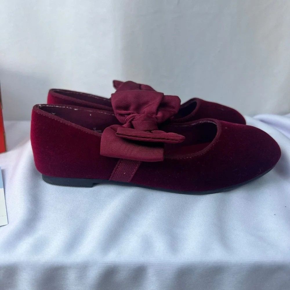 Cat & Jack Chloe Burgundy Red Velvet Bow Flats Girls Size 12 Holiday Dress Shoes